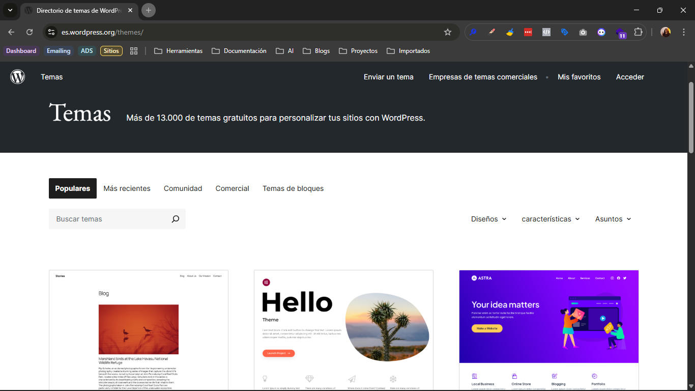 Pagina del directorio de temas de bloques en wordpress.org