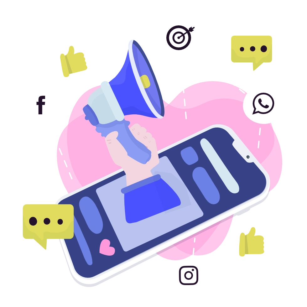 La imagen muestra un teléfono móvil con varios iconos que representan redes sociales como Facebook, WhatsApp e Instagram. Alrededor del teléfono hay otros iconos como un objetivo, un pulgar hacia arriba y burbujas de chat, que sugieren funcionalidades de publicidad y marketing digital orientada a facebook e instagram.